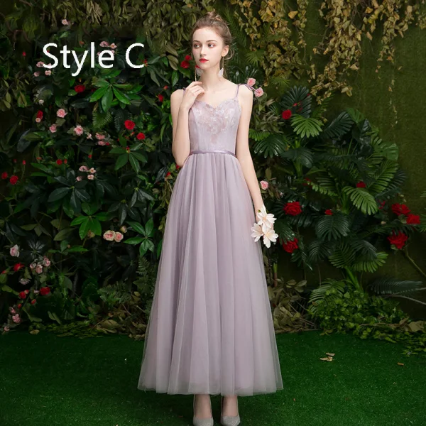 Affordable Lavender Bridesmaid Dresses 2019 A-Line / Princess Appliques Lace Sequins Sash Floor-Length / Long Ruffle Wedding Party Dresses