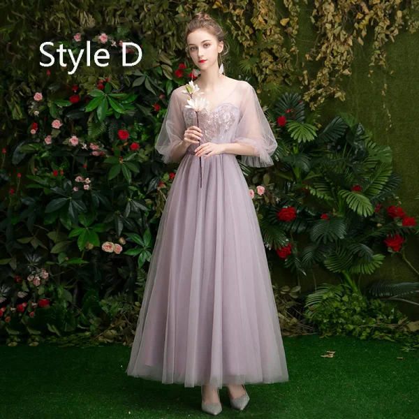 Affordable Lavender Bridesmaid Dresses 2019 A-Line / Princess Appliques Lace Sequins Sash Floor-Length / Long Ruffle Wedding Party Dresses