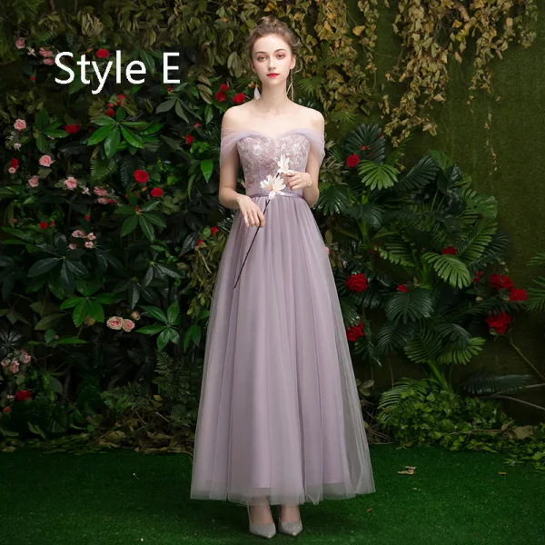 Affordable Lavender Bridesmaid Dresses 2019 A-Line / Princess Appliques Lace Sequins Sash Floor-Length / Long Ruffle Wedding Party Dresses