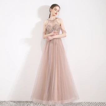 Fabulous Pearl Pink See Through Evening Dresses 2019 A Line Princess Halter Short Sleeve Beading Pearl Rhinestone Floor Length Long Ruffle Backless Formal Dresses