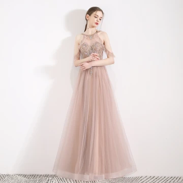 Fabulous Pearl Pink See Through Evening Dresses 2019 A Line Princess Halter Short Sleeve Beading Pearl Rhinestone Floor Length Long Ruffle Backless Formal Dresses
