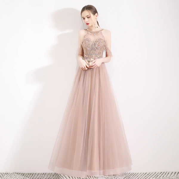 Fabulous Pearl Pink See-through Evening Dresses  2019 A-Line / Princess Halter Short Sleeve Beading Pearl Rhinestone Floor-Length / Long Ruffle Backless Formal Dresses
