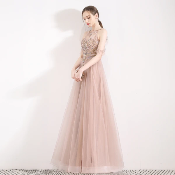 Fabulous Pearl Pink See-through Evening Dresses  2019 A-Line / Princess Halter Short Sleeve Beading Pearl Rhinestone Floor-Length / Long Ruffle Backless Formal Dresses