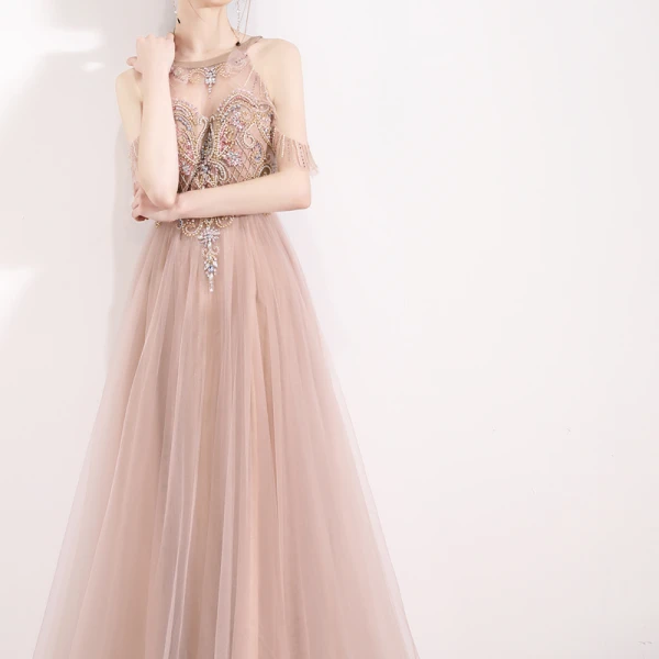 Fabulous Pearl Pink See-through Evening Dresses  2019 A-Line / Princess Halter Short Sleeve Beading Pearl Rhinestone Floor-Length / Long Ruffle Backless Formal Dresses