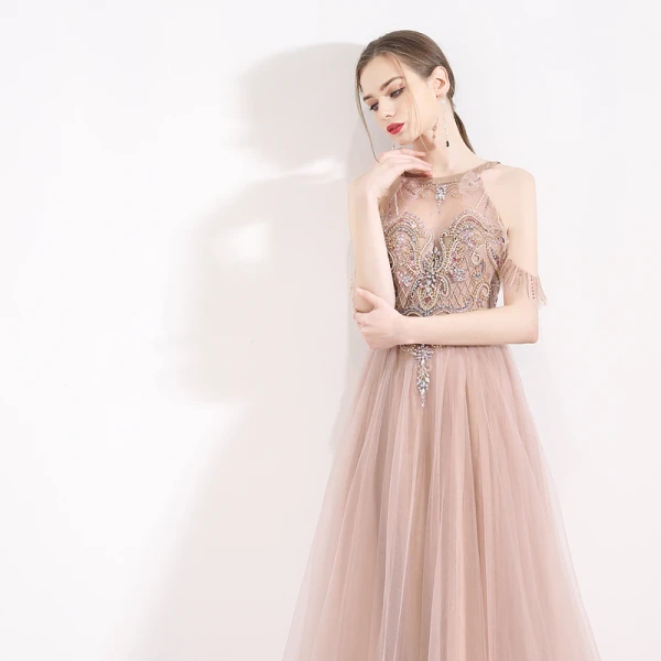 Fabulous Pearl Pink See-through Evening Dresses  2019 A-Line / Princess Halter Short Sleeve Beading Pearl Rhinestone Floor-Length / Long Ruffle Backless Formal Dresses