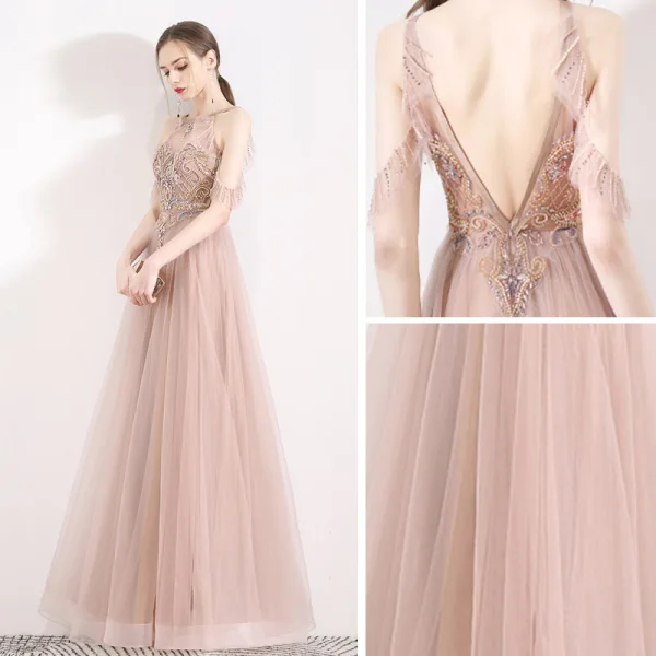 Fabulous Pearl Pink See-through Evening Dresses  2019 A-Line / Princess Halter Short Sleeve Beading Pearl Rhinestone Floor-Length / Long Ruffle Backless Formal Dresses