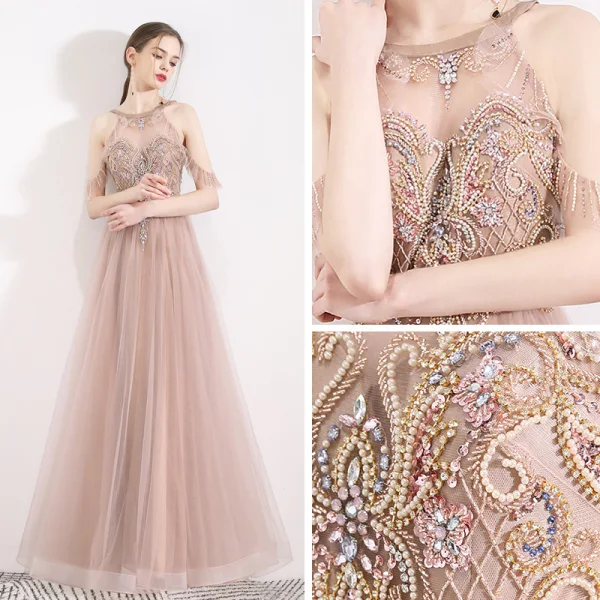 Fabulous Pearl Pink See-through Evening Dresses  2019 A-Line / Princess Halter Short Sleeve Beading Pearl Rhinestone Floor-Length / Long Ruffle Backless Formal Dresses