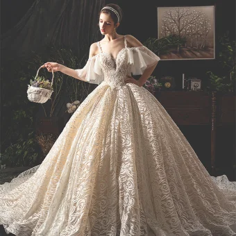 Luxury Gorgeous Champagne Lace Wedding Dresses 2019 Ball Gown Spaghetti Straps Short Sleeve Backless Rhinestone Glitter Tulle Royal Train Ruffle