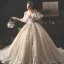 Luxury / Gorgeous Champagne Lace Wedding Dresses 2019 Ball Gown Spaghetti Straps Short Sleeve Backless Rhinestone Glitter Tulle Royal Train Ruffle