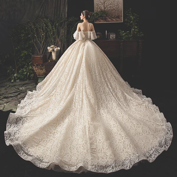 Luxury / Gorgeous Champagne Lace Wedding Dresses 2019 Ball Gown Spaghetti Straps Short Sleeve Backless Rhinestone Glitter Tulle Royal Train Ruffle