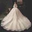 Luxury / Gorgeous Champagne Lace Wedding Dresses 2019 Ball Gown Spaghetti Straps Short Sleeve Backless Rhinestone Glitter Tulle Royal Train Ruffle