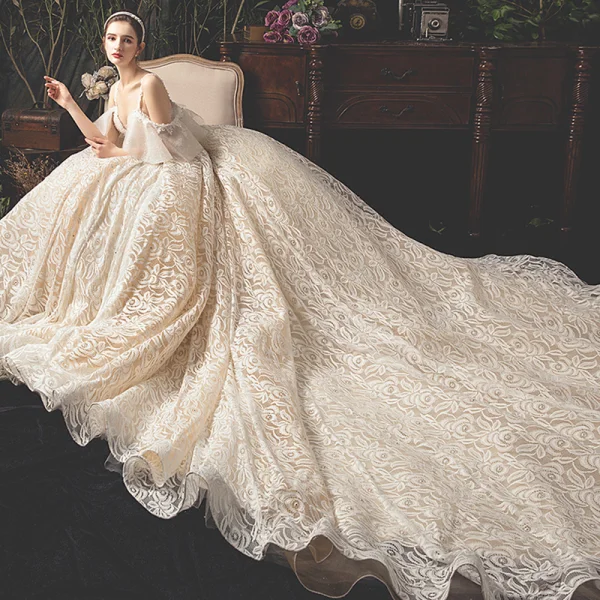 Luxury / Gorgeous Champagne Lace Wedding Dresses 2019 Ball Gown Spaghetti Straps Short Sleeve Backless Rhinestone Glitter Tulle Royal Train Ruffle