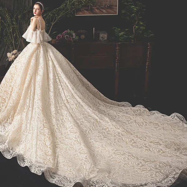 Luxury / Gorgeous Champagne Lace Wedding Dresses 2019 Ball Gown Spaghetti Straps Short Sleeve Backless Rhinestone Glitter Tulle Royal Train Ruffle