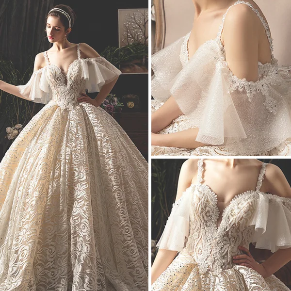 Luxury / Gorgeous Champagne Lace Wedding Dresses 2019 Ball Gown Spaghetti Straps Short Sleeve Backless Rhinestone Glitter Tulle Royal Train Ruffle
