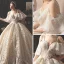 Luxury / Gorgeous Champagne Lace Wedding Dresses 2019 Ball Gown Spaghetti Straps Short Sleeve Backless Rhinestone Glitter Tulle Royal Train Ruffle