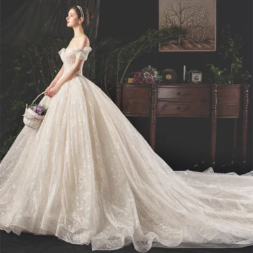 Best Champagne Wedding Dresses 2019 Ball Gown Off The Shoulder Bow Short Sleeve Backless Appliques Lace Beading Pearl Sequins Glitter Tulle Royal Train Ruffle