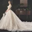 Beste Champagner Brautkleider / Hochzeitskleider 2019 Ballkleid Off Shoulder Schleife Kurze Ärmel Rückenfreies Applikationen Spitze Perlenstickerei Perle Pailletten Glanz Tülle Königliche Schleppe Rüschen