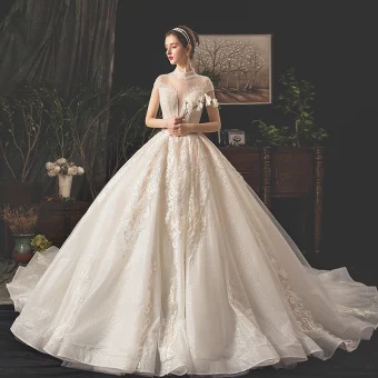 Vintage Retro Champagne Wedding Dresses 2019 A Line Princess See Through Deep V Neck Short Sleeve Heart Shaped Backless Appliques Lace Beading Glitter Tulle Cathedral Train Ruffle
