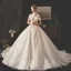 Vintage / Originale Champagne Robe De Mariée 2019 Princesse Transparentes Col v profond Manches Courtes Forme de coeur Dos Nu Appliques En Dentelle Perlage Glitter Tulle Cathedral Train Volants