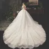 Vintage / Retro Champagne Wedding Dresses 2019 A-Line / Princess See-through Deep V-Neck Short Sleeve Heart-shaped Backless Appliques Lace Beading Glitter Tulle Cathedral Train Ruffle