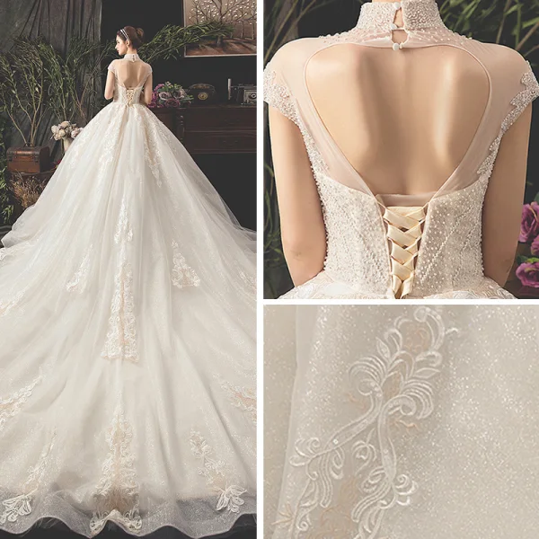 Vintage / Originale Champagne Robe De Mariée 2019 Princesse Transparentes Col v profond Manches Courtes Forme de coeur Dos Nu Appliques En Dentelle Perlage Glitter Tulle Cathedral Train Volants