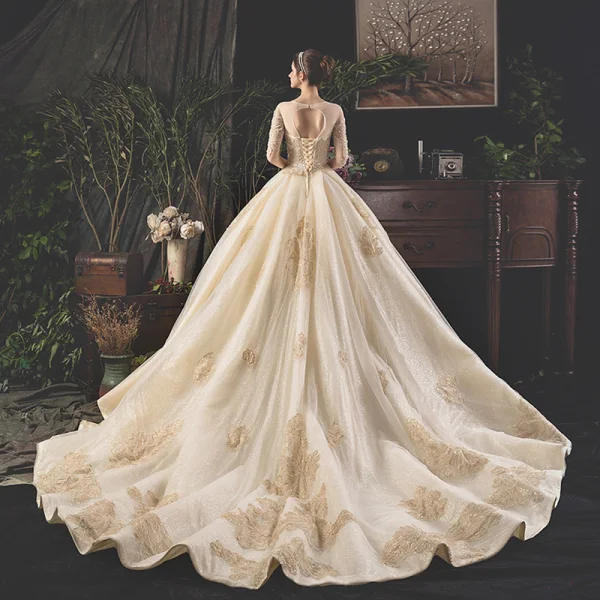 Luxe Champagne Transparentes Robe De Mariée 2019 Princesse Encolure Carrée 1/2 Manches Dos Nu Appliques En Dentelle Paillettes Perlage Glitter Tulle Cathedral Train Volants