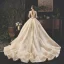 Luxe Champagne Transparentes Robe De Mariée 2019 Princesse Encolure Carrée 1/2 Manches Dos Nu Appliques En Dentelle Paillettes Perlage Glitter Tulle Cathedral Train Volants