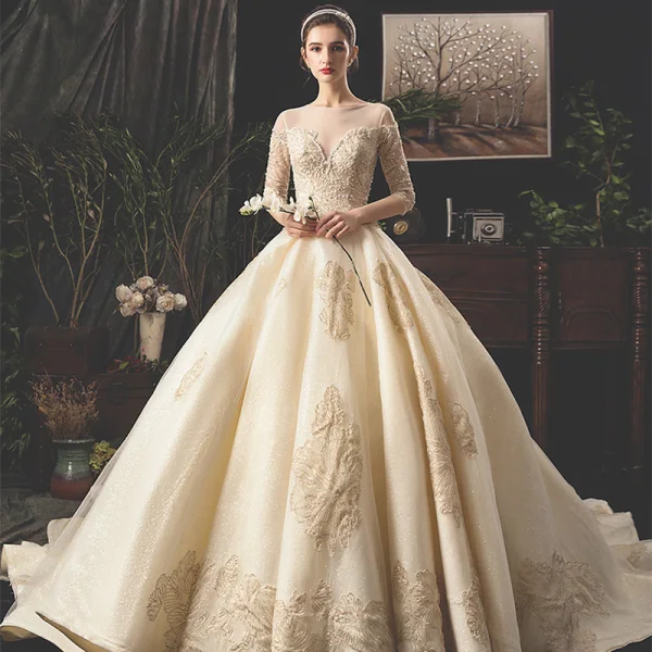 Luxe Champagne Transparentes Robe De Mariée 2019 Princesse Encolure Carrée 1/2 Manches Dos Nu Appliques En Dentelle Paillettes Perlage Glitter Tulle Cathedral Train Volants