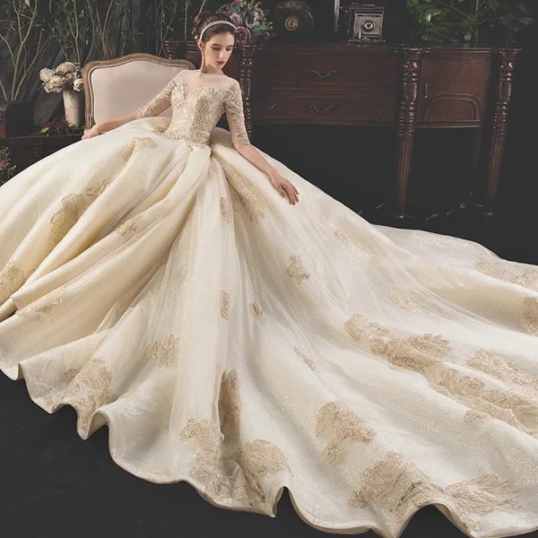 Luxe Champagne Transparentes Robe De Mariée 2019 Princesse Encolure Carrée 1/2 Manches Dos Nu Appliques En Dentelle Paillettes Perlage Glitter Tulle Cathedral Train Volants