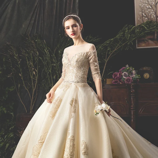 Luxe Champagne Transparentes Robe De Mariée 2019 Princesse Encolure Carrée 1/2 Manches Dos Nu Appliques En Dentelle Paillettes Perlage Glitter Tulle Cathedral Train Volants