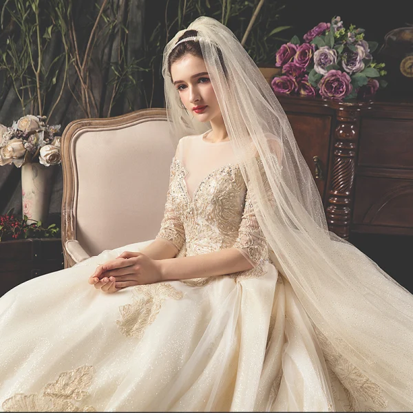 Luxe Champagne Transparentes Robe De Mariée 2019 Princesse Encolure Carrée 1/2 Manches Dos Nu Appliques En Dentelle Paillettes Perlage Glitter Tulle Cathedral Train Volants