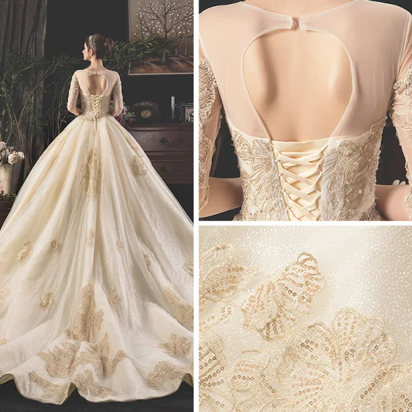 Luxe Champagne Transparentes Robe De Mariée 2019 Princesse Encolure Carrée 1/2 Manches Dos Nu Appliques En Dentelle Paillettes Perlage Glitter Tulle Cathedral Train Volants