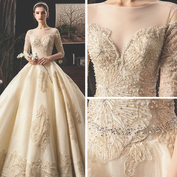 Luxe Champagne Transparentes Robe De Mariée 2019 Princesse Encolure Carrée 1/2 Manches Dos Nu Appliques En Dentelle Paillettes Perlage Glitter Tulle Cathedral Train Volants