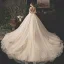 Stilig Champagne Brudekjoler 2019 Ballkjole Kjæreste Uten Ermer Ryggløse Appliques Blomst Rhinestone Beading Glitter Tyll Cathedral Train Buste