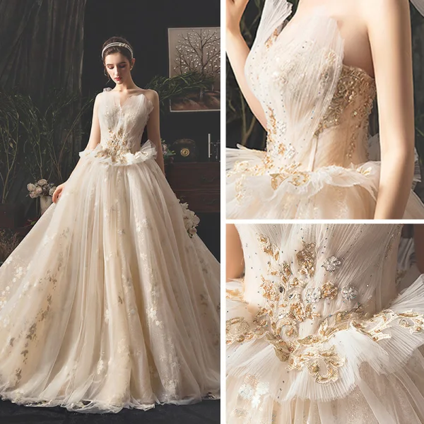 Stilig Champagne Brudekjoler 2019 Ballkjole Kjæreste Uten Ermer Ryggløse Appliques Blomst Rhinestone Beading Glitter Tyll Cathedral Train Buste