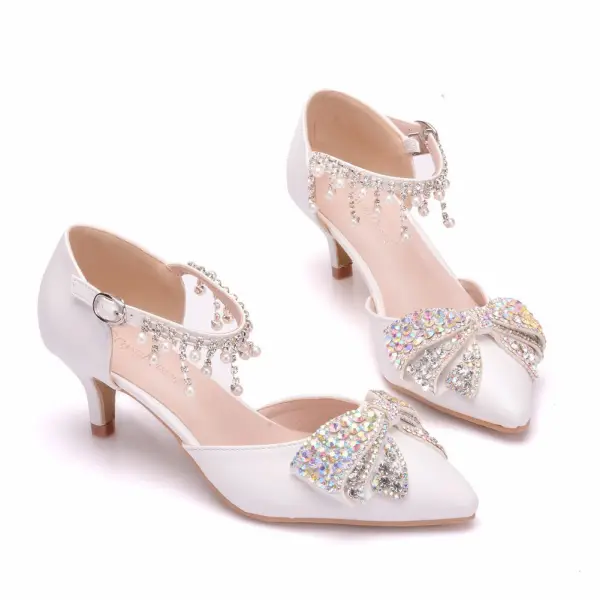 Sexy Weiß Perle Strass Schleife Brautschuhe 2025 Knöchelriemen 5 cm Stilettos Peeptoes Hochzeit Hochhackige