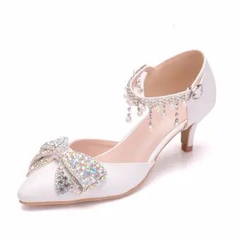 Sexy White Pearl Rhinestone Bow Wedding Shoes 2025 Ankle Strap 5 Cm Stiletto Heels Open Peep Toe Wedding High Heels