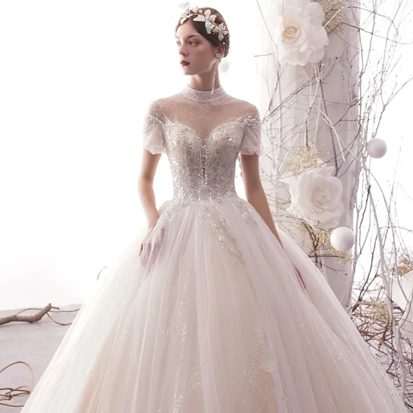 Luxury / Gorgeous Ivory See-through Wedding Dresses 2019 A-Line / Princess High Neck Puffy Short Sleeve Backless Sequins Beading Glitter Tulle Floor-Length / Long Ruffle
