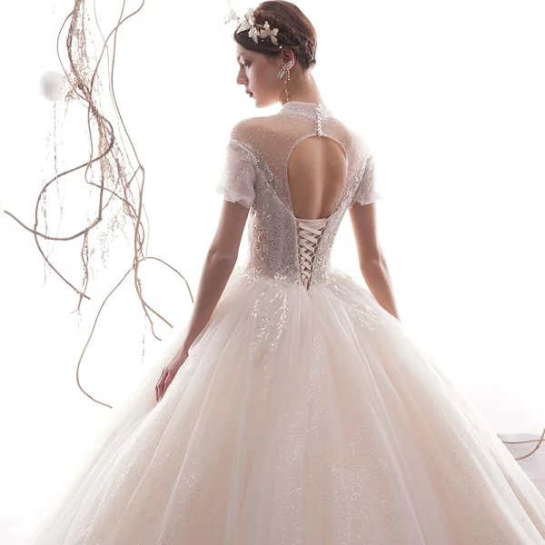 Luxus / Herrlich Ivory / Creme Durchsichtige Brautkleider / Hochzeitskleider 2019 A Linie Stehkragen Geschwollenes Kurze Ärmel Rückenfreies Pailletten Perlenstickerei Glanz Tülle Lange Rüschen