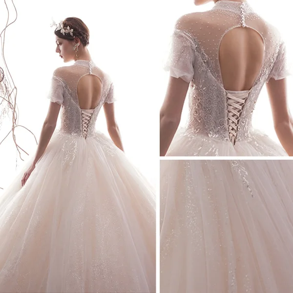 Luxus / Herrlich Ivory / Creme Durchsichtige Brautkleider / Hochzeitskleider 2019 A Linie Stehkragen Geschwollenes Kurze Ärmel Rückenfreies Pailletten Perlenstickerei Glanz Tülle Lange Rüschen