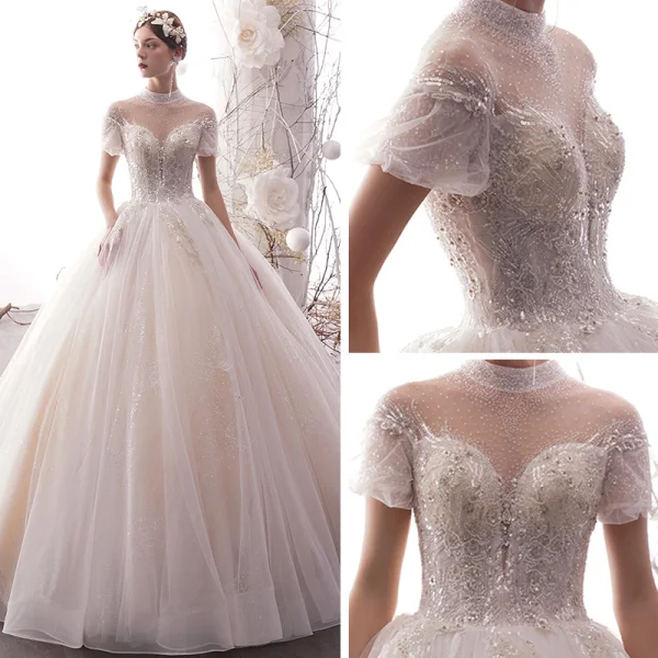 Luxus / Herrlich Ivory / Creme Durchsichtige Brautkleider / Hochzeitskleider 2019 A Linie Stehkragen Geschwollenes Kurze Ärmel Rückenfreies Pailletten Perlenstickerei Glanz Tülle Lange Rüschen