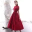 Vintage / Originale Bordeaux Dentelle de retour Robe De Graduation 2019 Princesse Col Haut Manches Courtes Ceinture Thé Longueur Volants Robe De Ceremonie