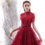 Vintage / Originale Bordeaux Dentelle de retour Robe De Graduation 2019 Princesse Col Haut Manches Courtes Ceinture Thé Longueur Volants Robe De Ceremonie