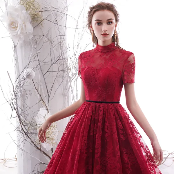 Vintage Retro Burgundy Lace Homecoming Graduation Dresses 2019 A Line Princess High Neck Short Sleeve Sash Tea length Ruffle Formal Dresses