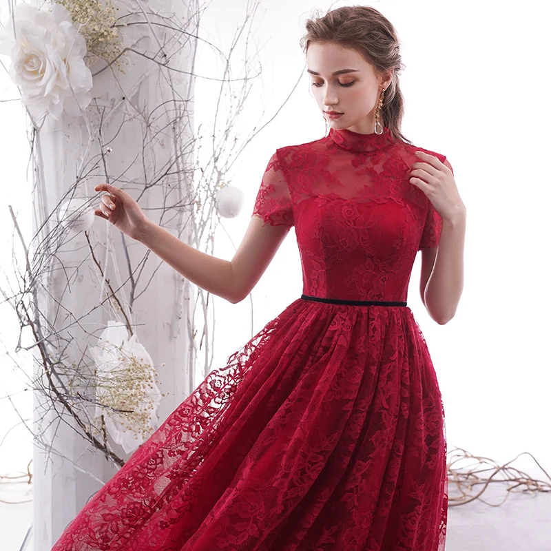 Vintage Retro Burgundy Lace Homecoming Graduation Dresses 2019 A Line  Princess High Neck Short Sleeve Sash Tea Length Ruffle Formal Dresses