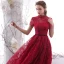 Vintage / Originale Bordeaux Dentelle de retour Robe De Graduation 2019 Princesse Col Haut Manches Courtes Ceinture Thé Longueur Volants Robe De Ceremonie