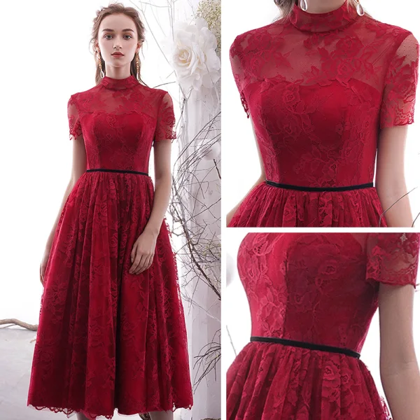 Vintage / Originale Bordeaux Dentelle de retour Robe De Graduation 2019 Princesse Col Haut Manches Courtes Ceinture Thé Longueur Volants Robe De Ceremonie
