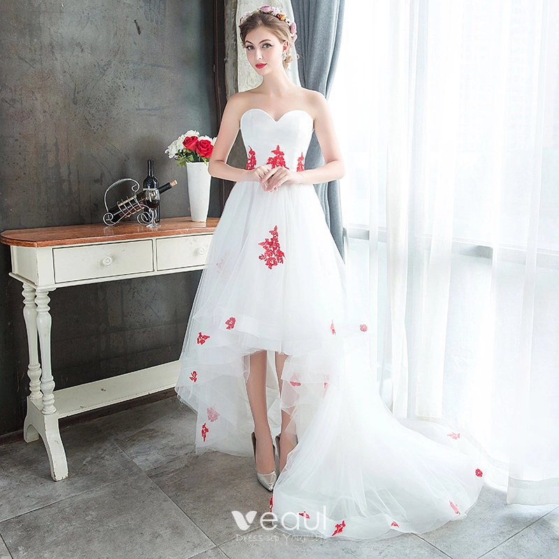 Off Shoulder Wedding Dresses White and Red Satin Appliques A Line Bridal  Gowns | eBay