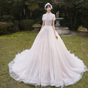 Vintage Retro Champagne Outdoor Garden Wedding Dresses 2019 A Line Princess High Neck Short Sleeve Backless Beading Pearl Chapel Train Ruffle