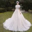 Vintage / Retro Champagne Outdoor / Garden Wedding Dresses 2019 A-Line / Princess High Neck Short Sleeve Backless Beading Pearl Chapel Train Ruffle